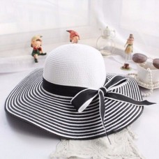 Summer Fashion Hepburn Sun Hat Wind Bowknot Black White Striped Mujer Straw Caps  eb-55898261
